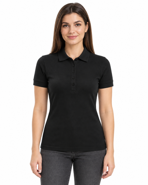 Tricou polo dama negru, prezentat pe model